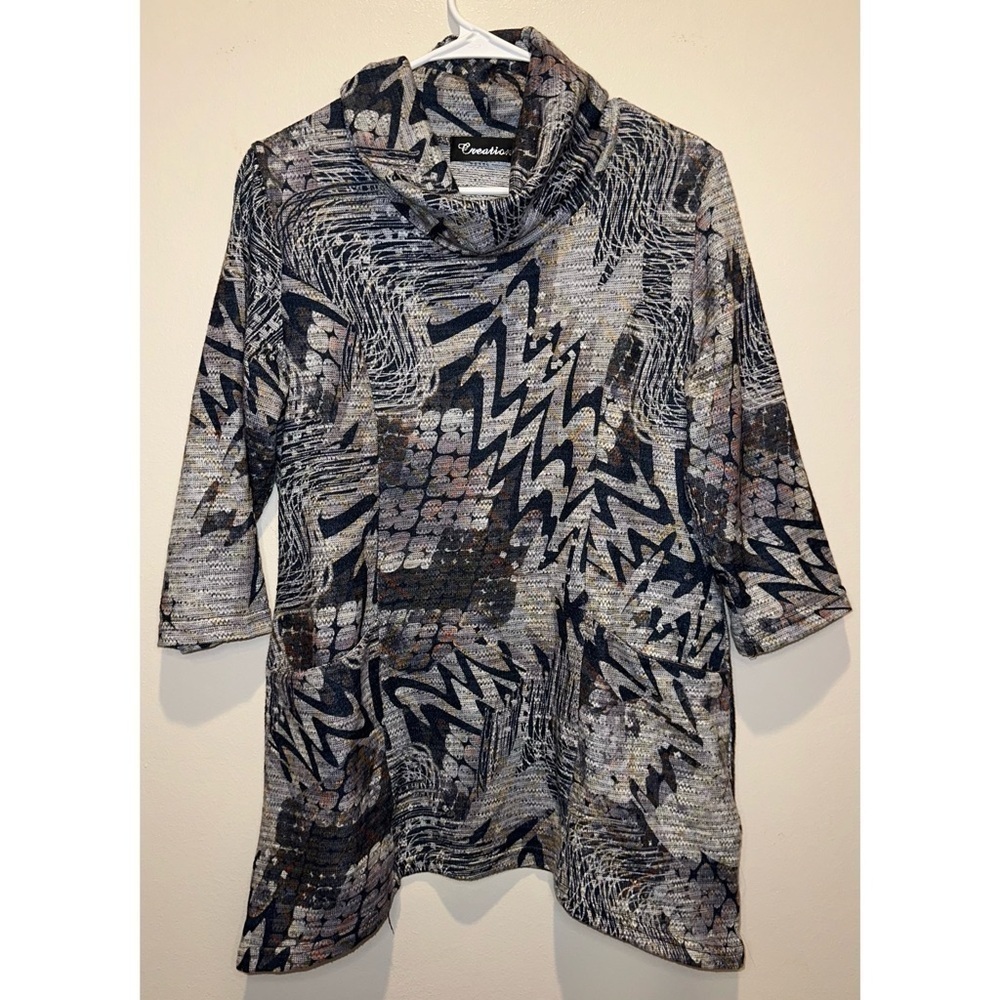 Creation Women's Abstract Print‎ Cowl Neck 3/4 Sleeve Tunic Top M